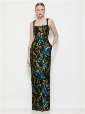 Floral jacquard maxi dress with shaped straps and basque neckline, blue and dark green