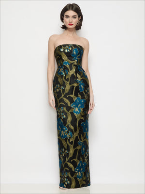Strapless floral jacquard maxi dress, pleated column skirt, peacock blue on dark base