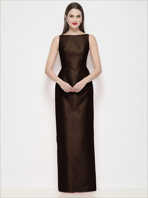 Chocolate-brown satin maxi dress with bateau neckline and pleated column skirt
