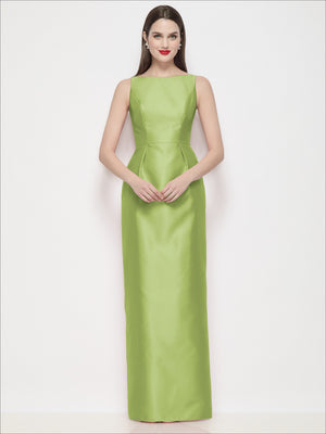 Satin maxi dress in light green with bateau neckline and fitted column shape