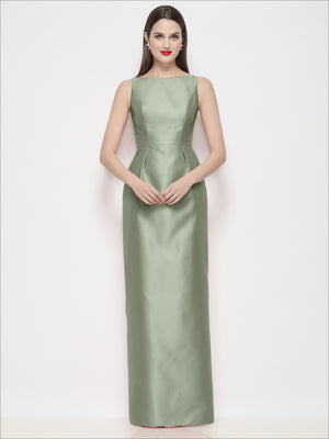 Satin maxi dress in sage green with bateau neckline and fitted column silhouette