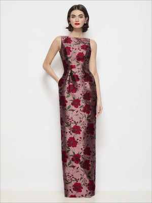 Wild rose floral sleeveless maxi dress with bateau neckline, column skirt