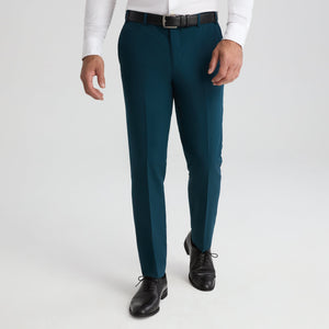 Teal suit pants with belt, slim fit, front crease and side pockets