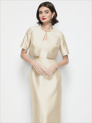 Cropped satin jacket with jewel neckline, ivory-beige, short sleeves and front trim