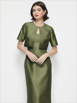 Olive green satin cropped jacket with jewel neckline and short sleeves, front view.
