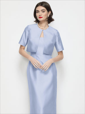 Light blue cropped satin jacket with jewel neckline, short sleeves, open front