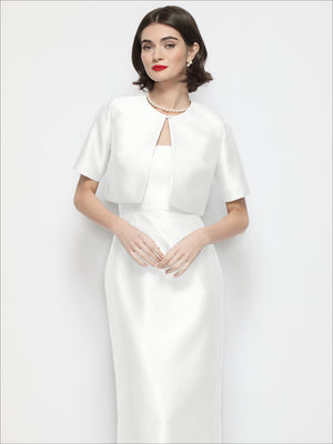 White satin cropped jacket with jewel neckline and short sleeves, front view
