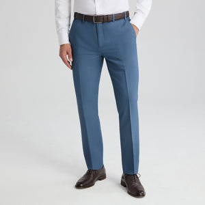 Light blue suit trousers with belt loops, flat front, and straight legs