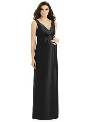 Black satin twill maternity dress, sleeveless V-neck with front knot, long column