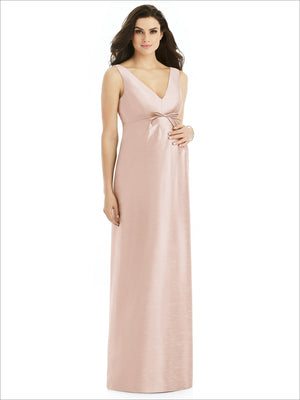 Light pink sleeveless satin maternity dress with V-neck and side tie waist