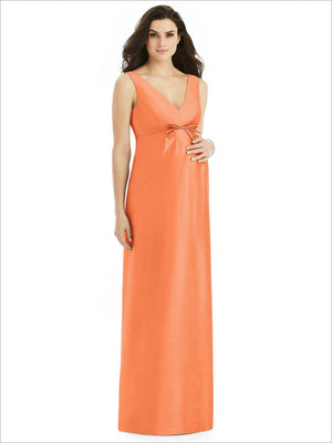 Sleeveless satin twill maternity dress in orange-coral, V-neck with ruched waist tie
