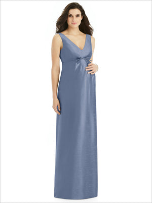 Blue satin twill maternity dress, sleeveless V-neck with front knot, long column