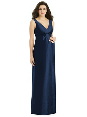 Navy sleeveless maternity satin twill dress with V-neck and tie-waist detail
