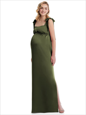 Olive green maternity maxi dress with tie-shoulder straps, empire waist, and front leg slit