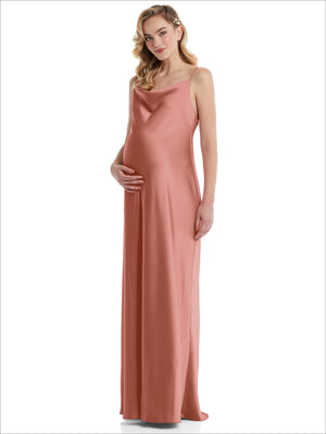 Maternity cowl-neck slip dress with tie shoulder straps, dusty rose, sleeveless maxi length.