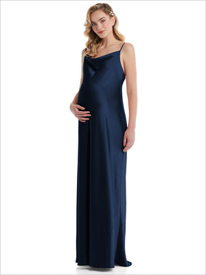 Maternity cowl-neck slip dress in midnight navy with thin tie shoulder straps