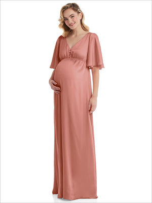 Dusty rose maternity empire maxi dress with V-neck bodice and short flutter bell sleeves.