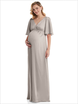 Light gray empire maternity dress with V-neck and flutter bell sleeves, front view