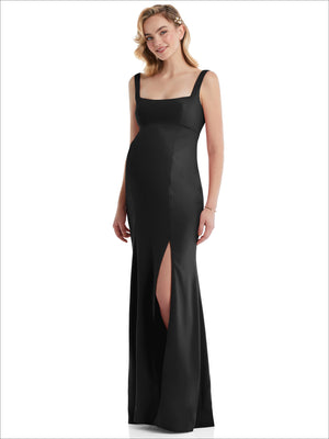 Black maternity trumpet gown with wide straps, square neckline, front side slit
