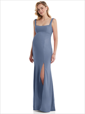 Soft blue maternity trumpet gown with wide straps and square neckline, front side slit