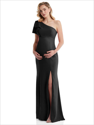 Black one-shoulder maternity trumpet gown with ruffle sleeve and front slit