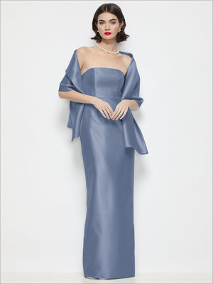 Blue satin wrap stole with draped shoulder cowl and hanging ribbon ties