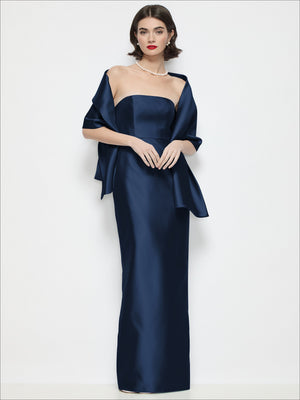Navy satin wrap stole with broad off-shoulder coverage and flowing sash sides