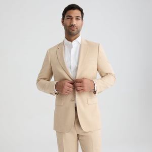 Men's linen-look sand blazer jacket with chest flap pockets and front buttons