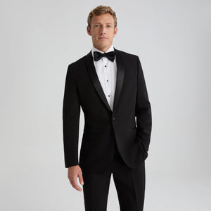 Black tuxedo jacket with shawl lapels and satin-trimmed single-breasted front