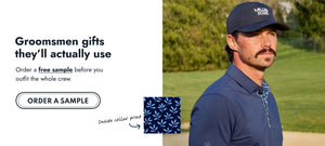 Model in a sky blue After Six golf polo, promoted as a groomsman gift.