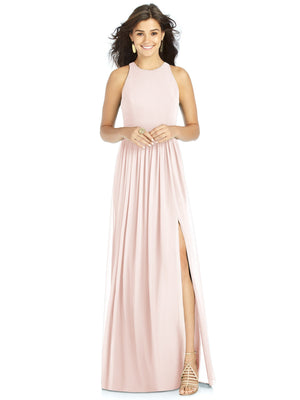 Blush halter maxi dress with jewel neck, shirred waist, and front slit
