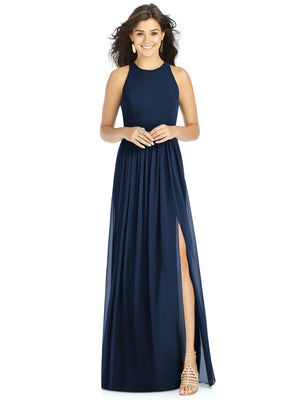 Navy halter dress with jewel neckline, shirred skirt and front slit