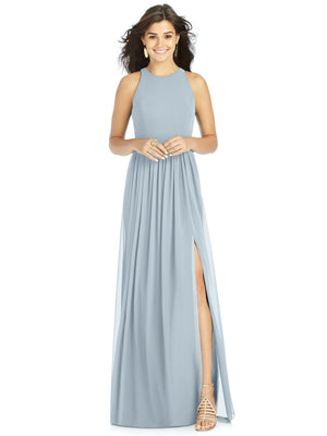 Mist blue halter maxi dress with jewel neck, shirred waist, and front slit