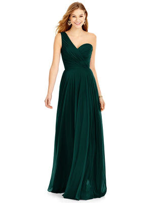 One-shoulder chiffon maxi dress in deep green with draped, ruched bodice