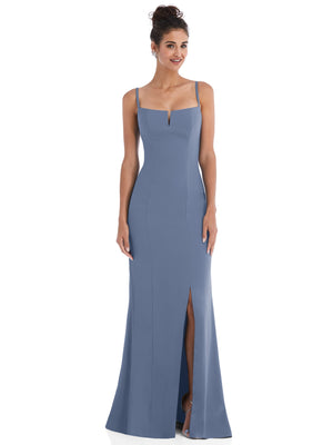 Light blue crepe trumpet gown with thin straps, notch neckline, and front slit