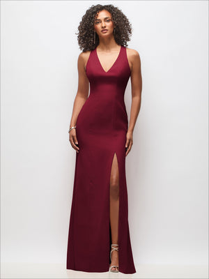 Burgundy V-neck sleeveless maxi dress with criss-cross cutout back and front slit
