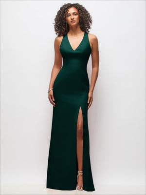 Deep green V-neck sleeveless maxi dress with front slit
