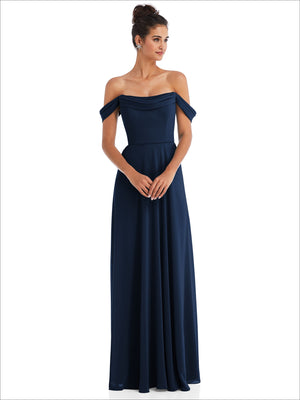 Off-the-shoulder draped maxi dress in midnight navy, front view, off-shoulder draped top