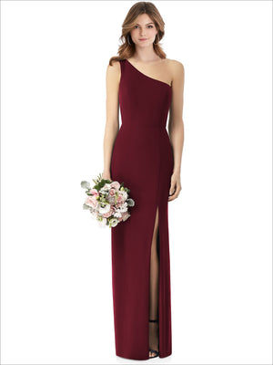 One-shoulder crepe trumpet gown with front slit, deep burgundy