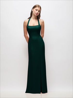 Dark green tie halter open-back trumpet gown, sleeveless, floor-length