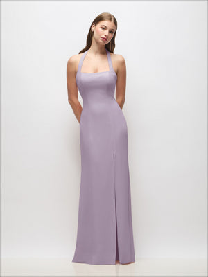 Lilac tie halter open-back trumpet gown with straight neckline and floor-length hem