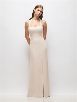 Ivory tie halter trumpet gown with open back and floorlength column skirt
