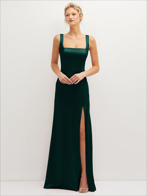 Square-neck satin A-line maxi dress with front slit, dark green
