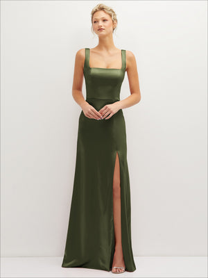 Square-neck satin A-line maxi dress with front slit, olive green