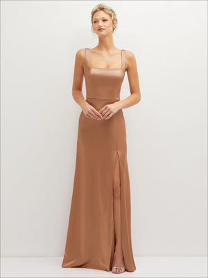 Square-neck satin A-line maxi dress with spaghetti straps and front slit, chocolate brown