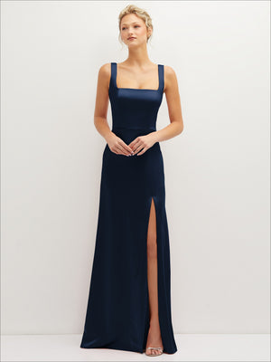 Square-neck satin A-line maxi dress, sleeveless navy with front slit
