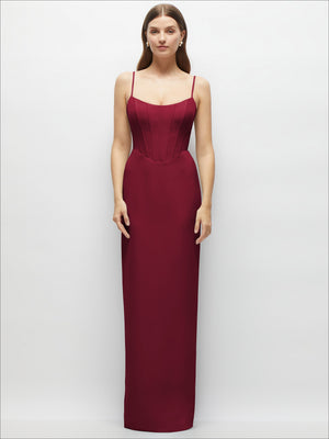 Burgundy corset-style crepe column maxi dress with thin straps, square neckline, slim fit