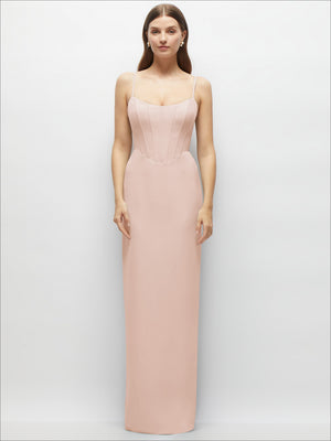 Corset-style crepe column maxi dress in blush pink with adjustable spaghetti straps and fitted bodice