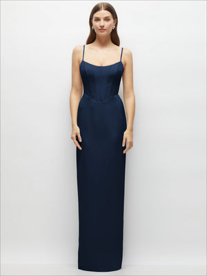 Corset-style crepe column maxi dress, dark navy with adjustable spaghetti straps