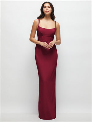Burgundy crepe maxi dress with structured midriff corset and square neckline